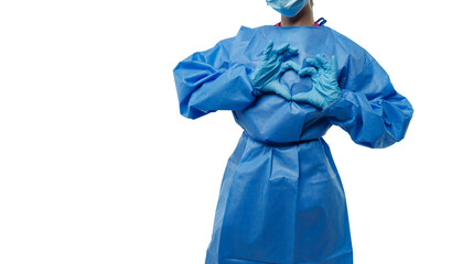 Medical worker in protective gown forming heart with hands – symbol of care and support on white background.  isolated, copy space