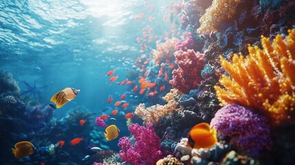 Fototapeta premium Vibrant coral reef teeming with colorful fish.