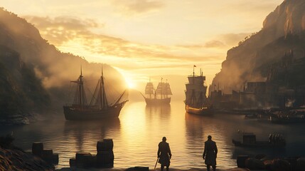 Age of Exploration European port wooden sailing ships explorers in armor and capes globes and maps loading goods ocean mist photorealistic 15th century maritime history