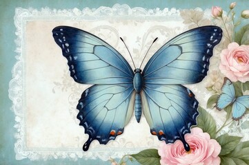 Beautiful blue butterfly with floral accents on a vintage background in a serene artistic display