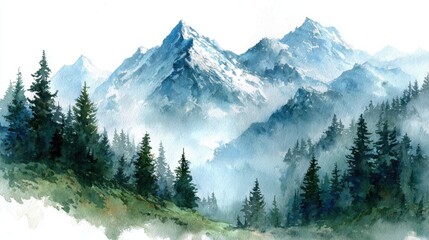A painting of a mountain range with trees and a sky. The mood of the painting is serene and peaceful