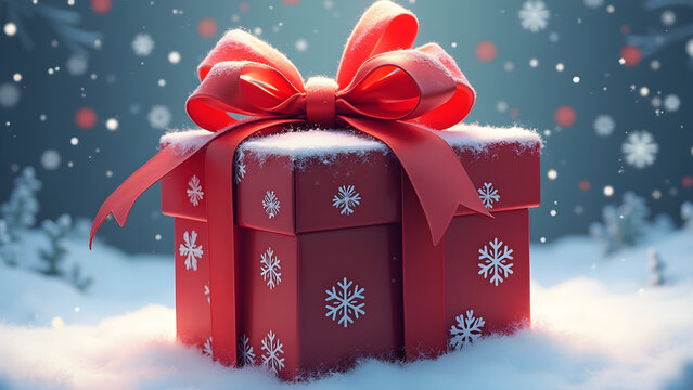 Festive Christmas Gift Box with Red Bow in Winter Wonderland Setting