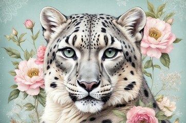 Snow leopard surrounded by pink flowers in a serene floral background