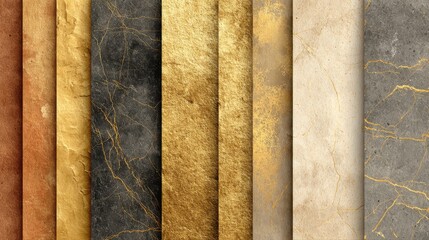 A series of different textures, including a mix of brown, black, and white. The textures are arranged in a row, with some overlapping and others standing alone. Scene is one of contrast and variety