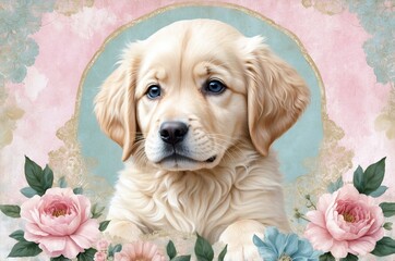 Golden retriever puppy surrounded by floral design in a soft pastel background, perfect for pet lovers and art enthusiasts