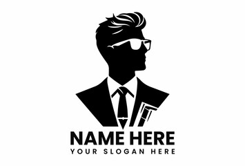 Sophisticated black silhouette of a man in a suit and glasses holding books, symbolizing intellect and professionalism. Education and business concept