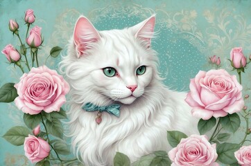 White cat with striking green eyes surrounded by soft pink roses in an artistic floral setting
