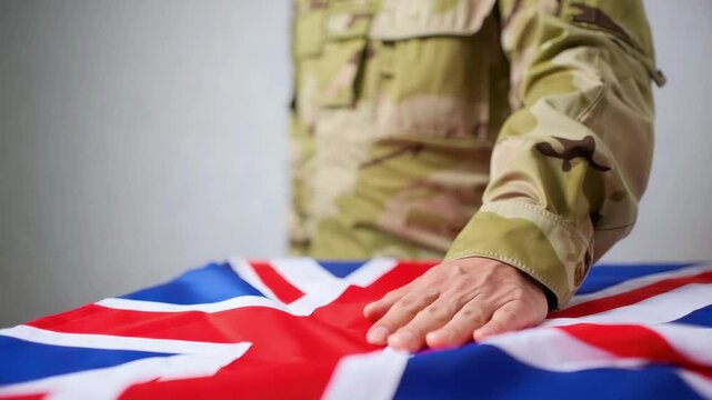 Soldier&rsquo;s hand on British flag symbolizing patriotism, military service, and national remembrance