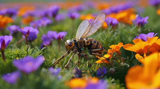 Futuristic robotic bee in vibrant flower field blending nature and technology in colorful spring environment