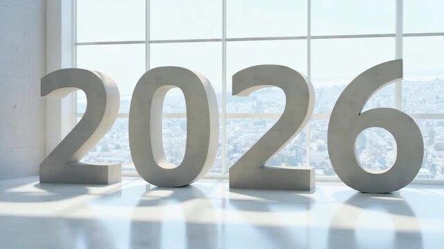 Large concrete 2026 numbers in bright modern interior with panoramic window and city view symbolizing New Year