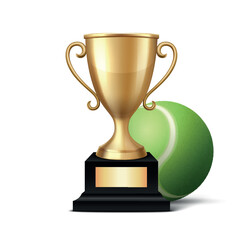 Vector 3d Realistic Golden Trophy Cup with Tennis Ball. Sports Award Illustration for Tennis Tournament, Match Victory, Champion Prize, Sports Event Design, Competition Reward, Winner Concept