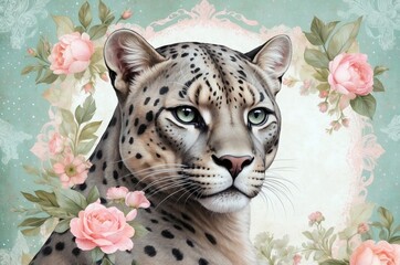Elegant leopard portrait surrounded by soft pink roses and pastel green backdrop in artistic illustration
