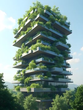 Hanging Garden Complex A multitiered building that resembles a lush vertical garden. The interconnected sections are composed of sleek metallic frames with large rectangular.