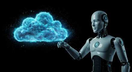 Futuristic robot interacting with a glowing cloud.  A metallic robot points at a vibrant cloud of light