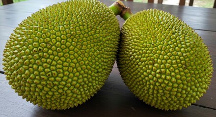Two ripe, green jackfruits. The fruits have textured, bumpy skin. Presented on a brown wooden surface