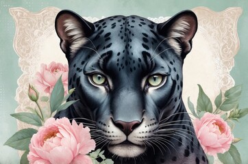 Majestic black leopard portrait surrounded by delicate pink peonies in soft pastel tones