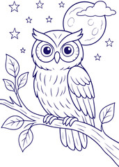 Owl on tree branch at night with moon in line art style