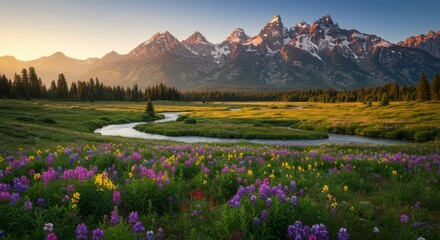 Serene sunrise illuminates a meandering river flowing through a vibrant wildflower meadow, nestled at the foot of majestic snow-capped mountains