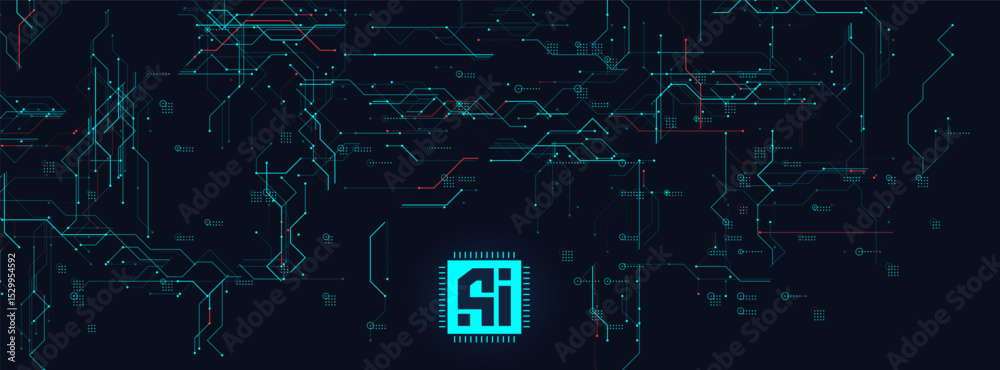 Poster futuristic ai chip on digital motherboard. abstract cyberpunk circuit, glowing schematic layout, hig