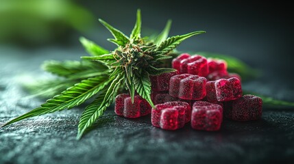 Cannabis bud and gummy candies on dark stone surface