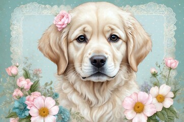 Golden retriever puppy with flowers in a soft pastel setting, showcasing a gentle and charming expression of the dog
