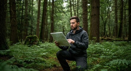 Fototapeta premium A man in a forest, examining a map. He is crouched and focused on the paper map in his hands