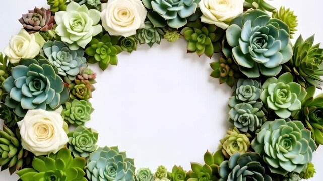Succulent and rose wreath on white background creating a circular frame with a blank center space