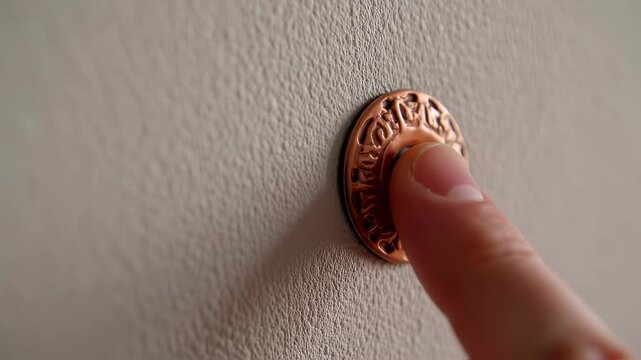Hand presses ornate doorbell button on wall triggering vintage sound