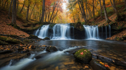 A stunning waterfall cascading through a lush tropical forest, surrounded by vibrant greenery and serene waters, perfect for nature and travel enthusiasts.