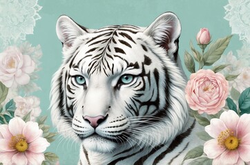 Stunning white tiger with blue eyes surrounded by delicate flowers against a light teal background
