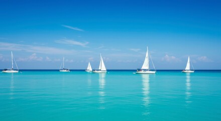 Fototapeta premium Tranquil turquoise waters, five sailboats gently bobbing, clear sky above