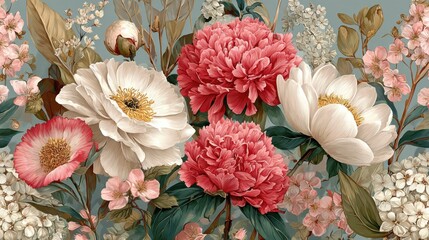A floral painting with white and pink flowers. The flowers are arranged in a way that creates a sense of harmony and balance. The painting evokes a feeling of tranquility and serenity, as the colors