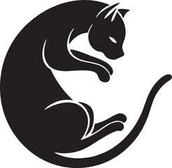 A solid black vector of a curled cat with minimal negative space details—great for stickers, branding, and simple tattoo ideas.