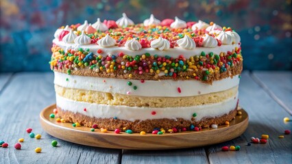 Layered ice cream cake with whipped topping, colorful layers, sprinkles, and frozen fruity decoration.