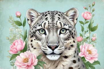 Snow leopard surrounded by pink peonies in a serene, floral backdrop during a sunny day