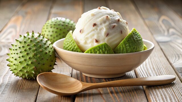 Soursop ice cream scoop with white fruit base, bowl presentation, and tropical leaf garnish.