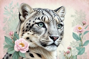 Snow leopard surrounded by flowers in a serene artistic depiction showcasing its piercing green eyes and intricate fur patterns