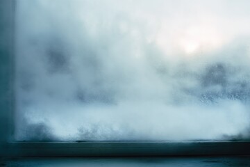 Misty windowpane view of an outdoors scene.