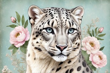 Snow leopard portrait surrounded by pink flowers in a serene background depicting nature's beauty