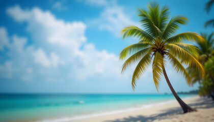 Serene tropical beach with solitary palm and gentle bokeh sea light for vacation mood