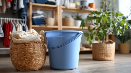 A clean room is organized with a blue cleaning bucket and a wicker basket filled with towels.