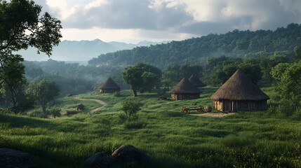 Bronze Age European settlement circular huts bronze weapons animal domestication wooden carts thatched roofs grassy terrain early human civilization in rich photorealistic style