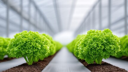 Rows of vibrant green lettuce are flourishing in a hydroponic greenhouse.
