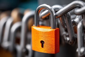 A bright orange padlock is attached to a thick metallic chain, emphasizing security and durability. The setting suggests an urban landscape where locks are commonly used to protect belongings.
