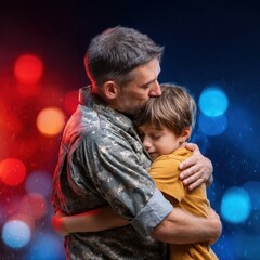 A soldier embraces a child in a heartfelt reunion after returning from deployment, surrounded by soft bokeh lights that enhance the tender moment.