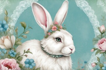 Cute white rabbit with floral decoration in pastel color background showcasing a whimsical springtime theme