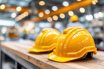 Two bright yellow safety helmets are positioned on a wooden table at a construction site.