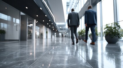 Two business professionals in suits walk side by side down a sleek, modern office corridor featuring floor-to-ceiling windows that fill the space with light and greenery.