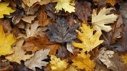 Obraz premium A ground-level close-up captures a dense collection of fallen autumn leaves in various shades of brown, yellow, and gold, exhibiting different stages of decay and moisture