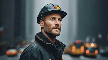 A construction worker stands confidently in an urban area, wearing a safety helmet.